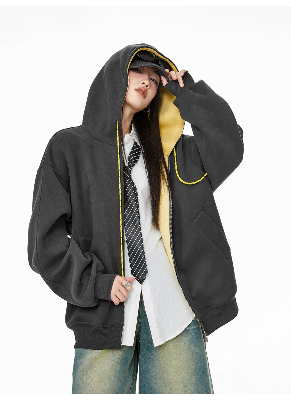 ICH MODE Women's Hoodie American Vintage Loose Fit Zip-up Sweatshirt Spring Autumn New Light Heather Gray L 41