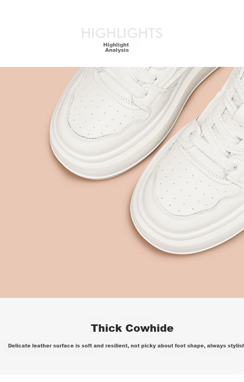 BOERDIQI Top-Grain Leather Versatile White Sneakers for Women, Thick-Soled Height-Increasing Casual Sports Shoes, White And Black, Size 36 3