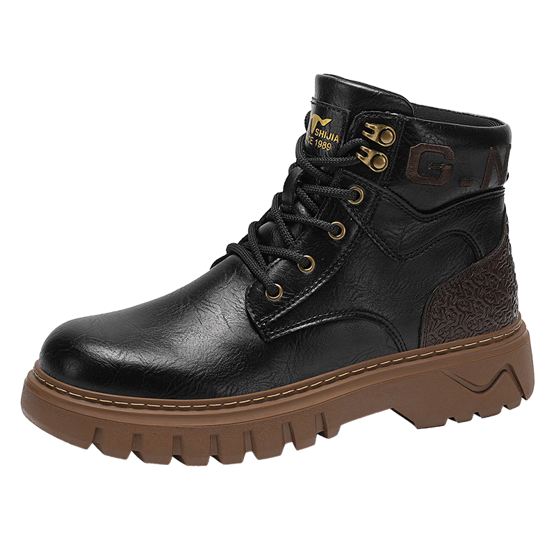 Bull Family Martin Boots Men 2026 Winter New Versatile Work Boots Men's Thick Sole High Top Leather Outdoor Hiking Shoes Men