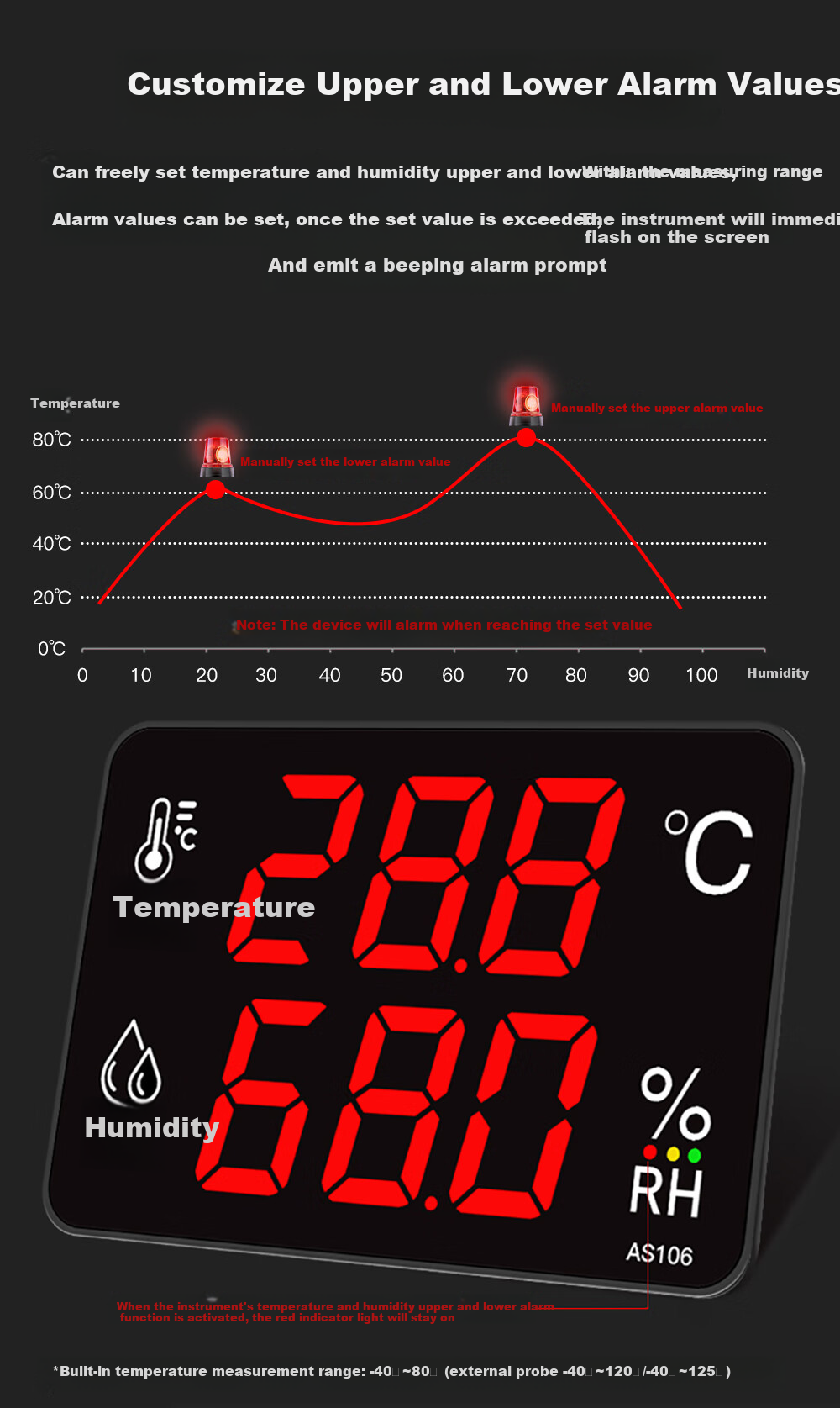 Xingzhilian Industrial-Grade Temperature And Humidity Meter with High-Precision Large Screen, Warehouse Workshop Factory Room Probe Alarm Display AS106A 8