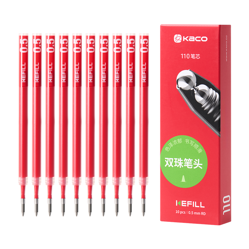 KACO Double-Ended Writing Length Retractable Gel Pen Refills, 0.5mm Double Ball Bead Tip, Signature Pen Refills, Red, Leak-Proof, 10 Pieces/box, K1622
