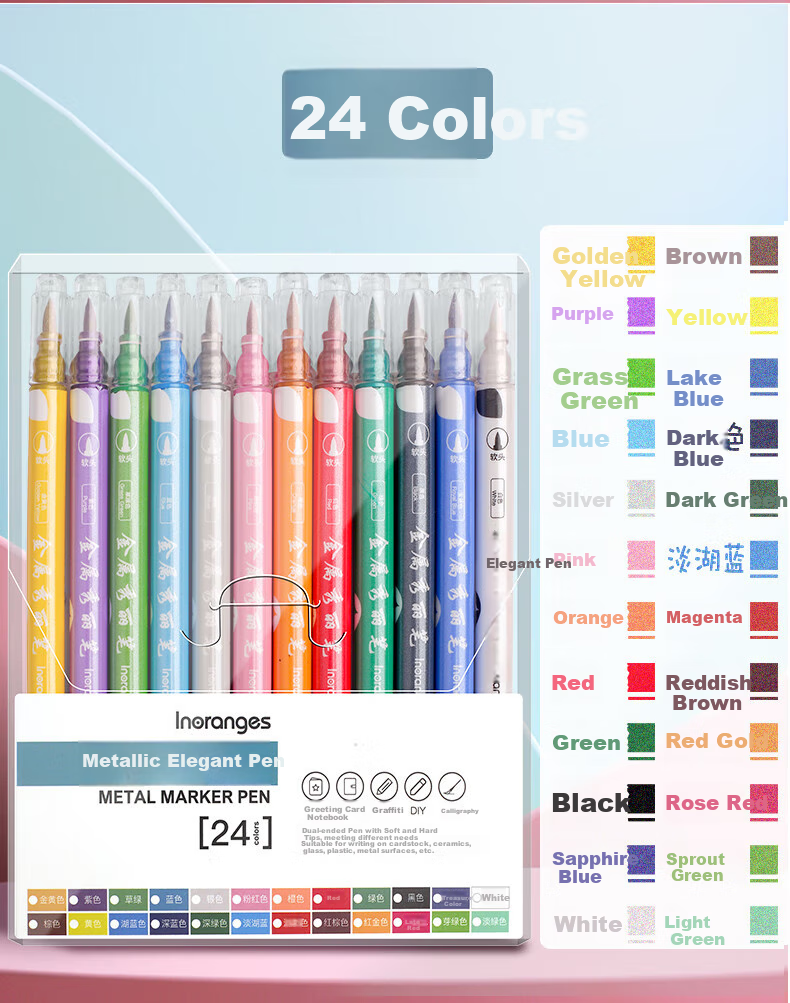 Jinzhi 12-Color Metal Highlighters, Greeting Card Gold-Plated Highlighters, Shiny Pearl Markers for Journaling, Watercolor Glitter DIY Dual-Tip Fluorescent Highlighters, Colored Paint Markers 3