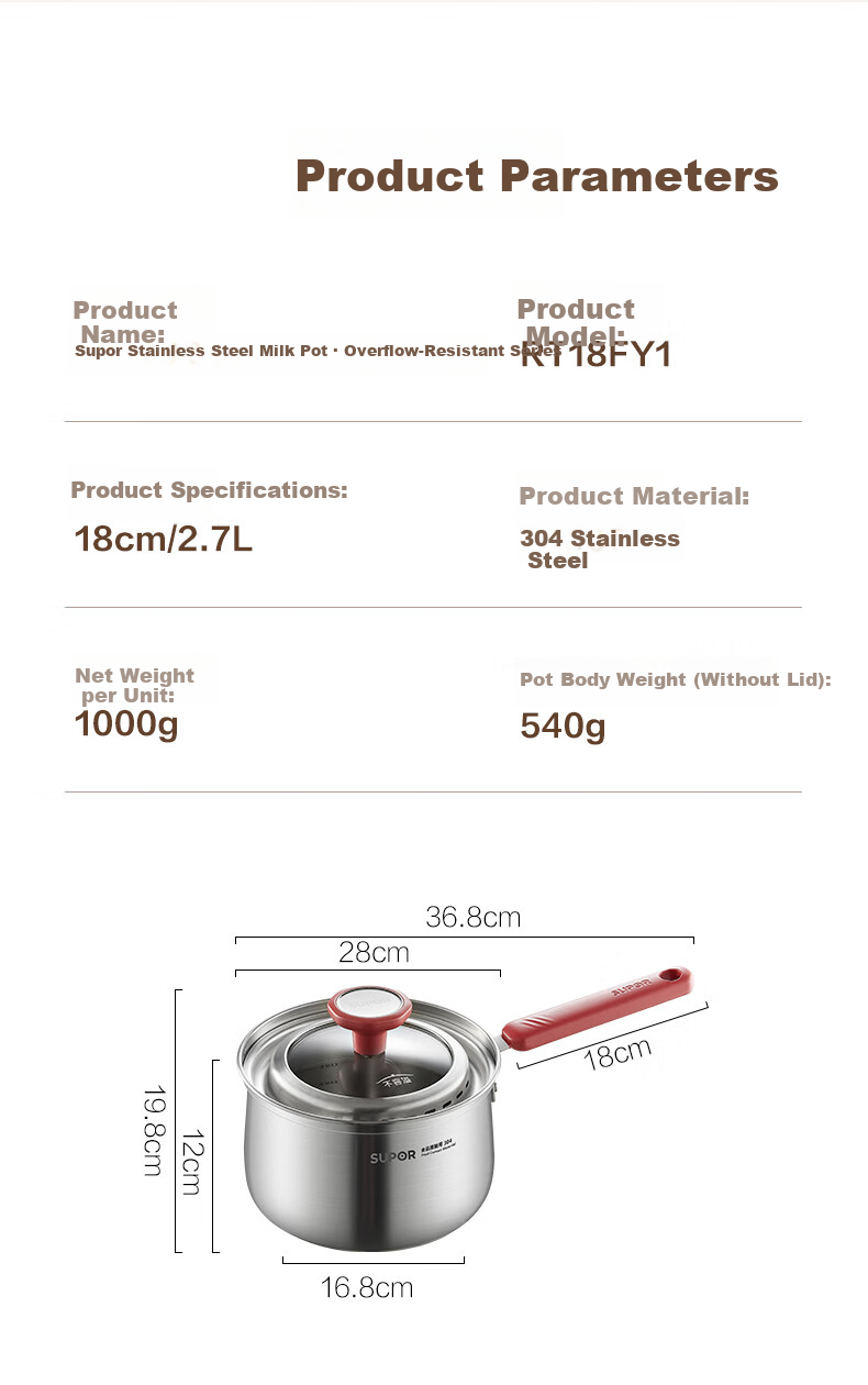 SUPOR Milk Pot, 18cm Stainless Steel Non-Spill Series, Heightened And Deepened, Baby Food Pot, Soup And Noodle Pot, Suitable for Open Flame And Induction Cooktops 13