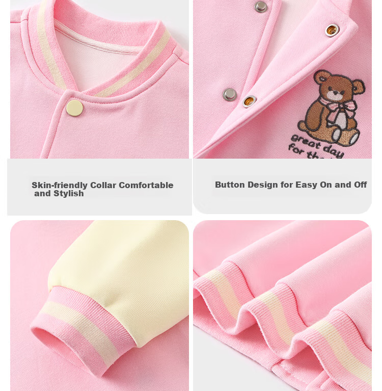 Badibadi Spring And Autumn Infant Girl Baseball Jacket, American Retro Style Coat, Trendy Fashion Versatile, Heart Bear Design, Size 80 10