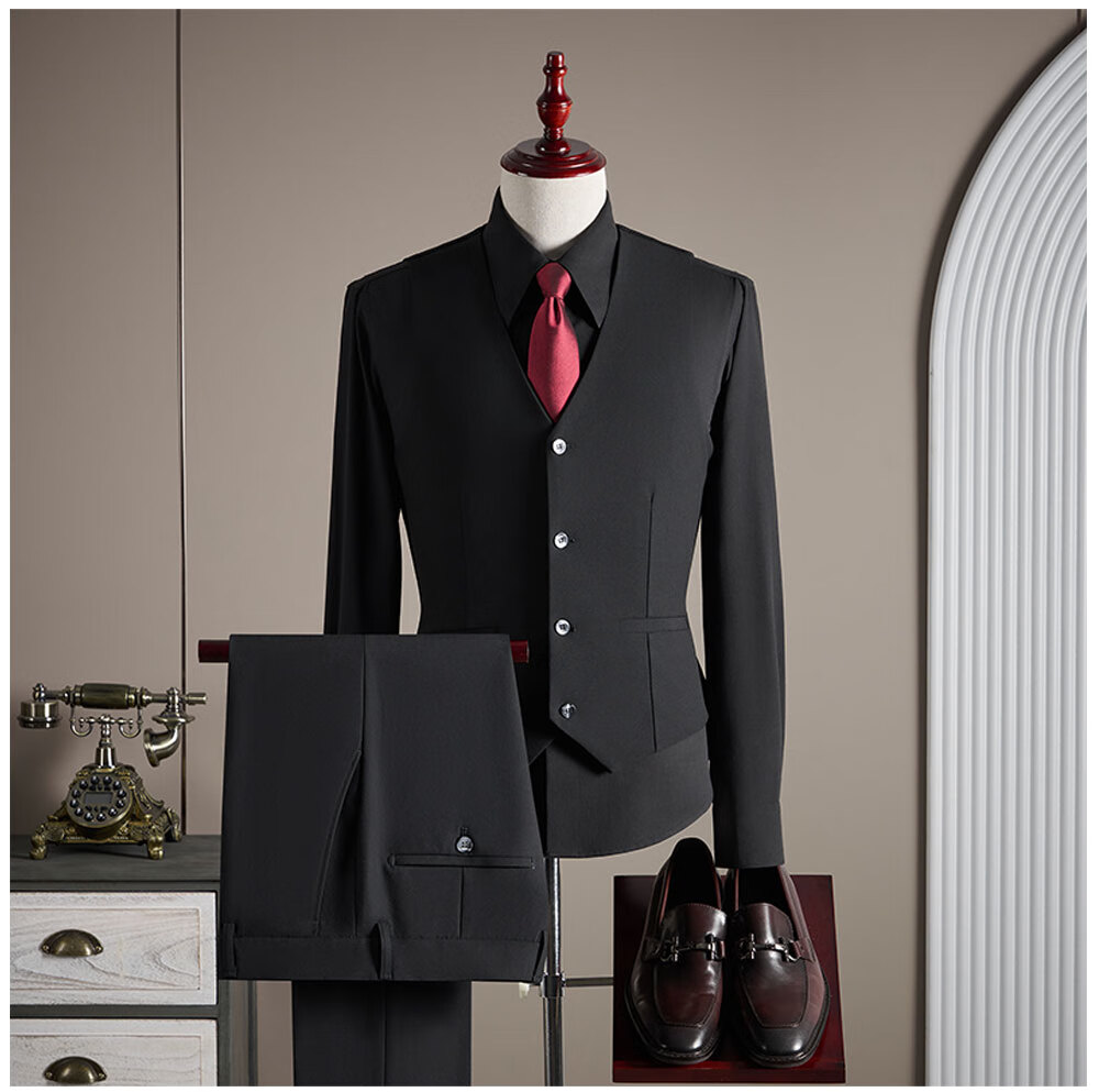ROMON Men's Business Suit Set Blazer + Vest + Trousers Black 2XL 6
