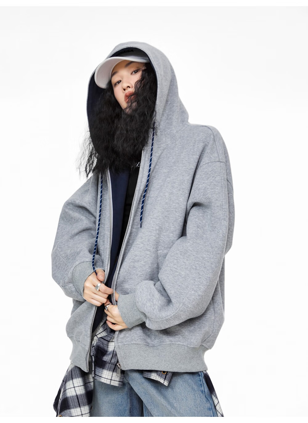 ICH MODE Women's Hoodie American Vintage Loose Fit Zip-up Sweatshirt Spring Autumn New Light Heather Gray L 25