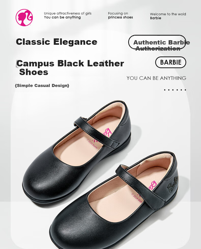 Barbie Girls' Spring And Autumn Single-Lining Black Leather Shoes, Student Campus Classic Performance Leather Shoes DA6563, Black, Size 30 1