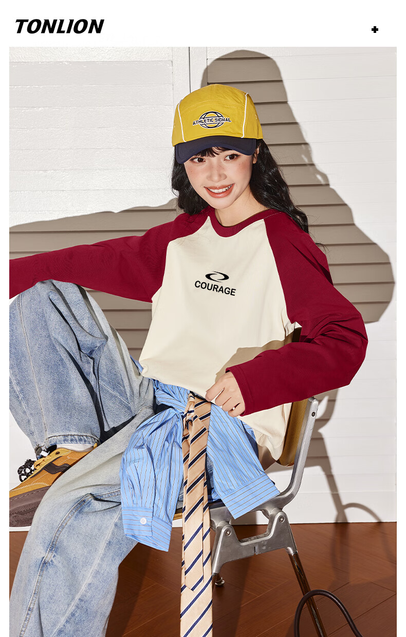 TonLion Pure Cotton Long Sleeve T-Shirt Women Spring Autumn New Loose Slim Fit Color Block Trendy Simple Base Shirt Female 6