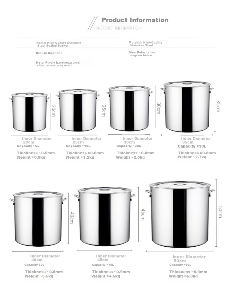 Quanshi Stainless Steel Bucket with Lid, Thick Soup Bucket, Large Water Storage Container, 35*35cm, Commercial Kitchen Utensil for Canteen, Hotel And Restaurant Use 2