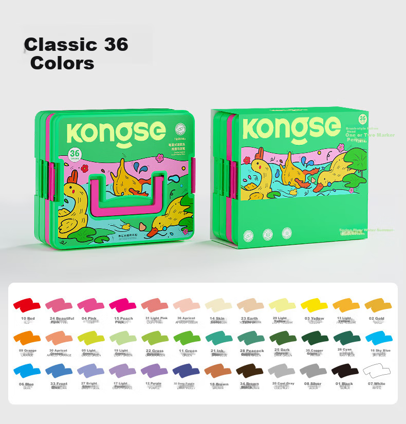 Kongse Acrylic Markers, 24 Colors, Dual-Tip Soft Tip, Watercolor Pens, Non-Translucent, Stackable, for Elementary School Students And Children, Washable, Non-Toxic Coloring Markers, Watercolor Pens, Gift, Back-To Essential 11