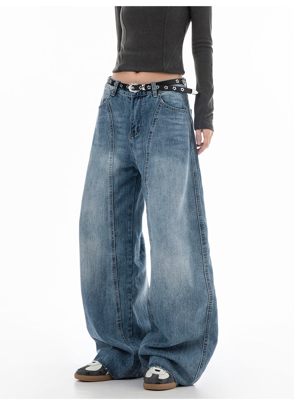 ICH MODE Women's American Vintage Washed Denim Jeans Spring Autumn Loose Straight Leg Curved Cut Casual Wide Leg Pants Blue XL 11