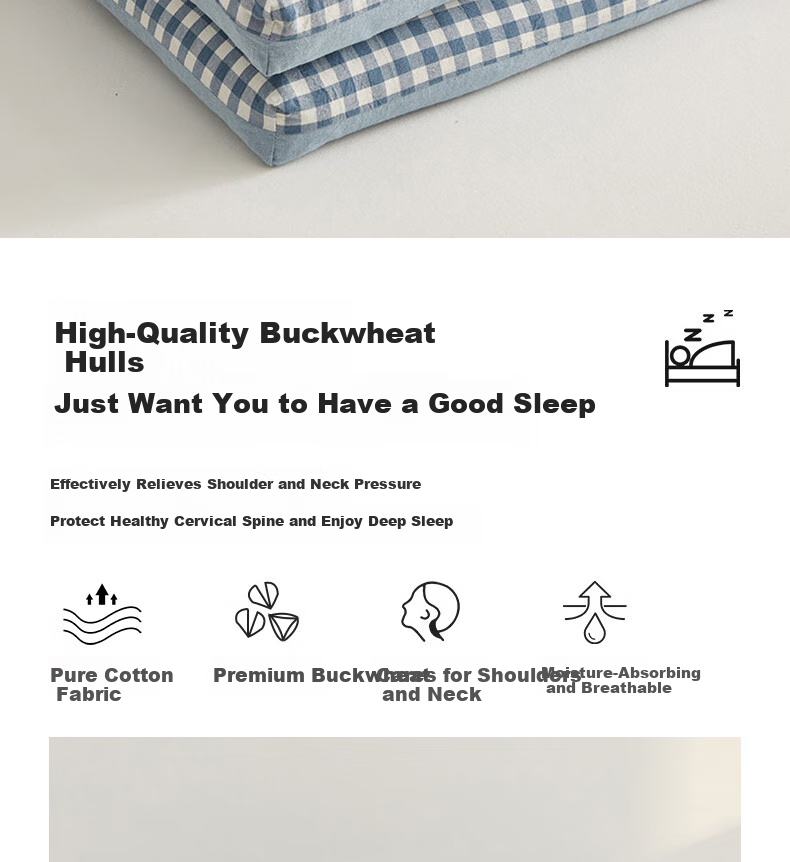 Hodo All-Cotton Buckwheat Pillow, Buckwheat Hull Pillow, Buckwheat Husk Pillow Core, Deep Sleep Cervical Pillow, Neck Support Pillow, 35*55cm, Light Blue 3