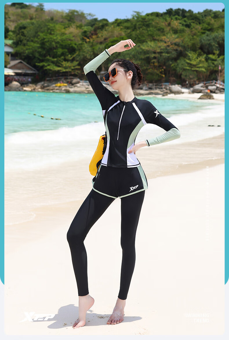 Xtep Women's Conservative Slimming Two-Piece Long Sleeve Long Pants Swimwear Sun Protection Wetsuit Surfing Hot Spring Vacation Swimsuit 9
