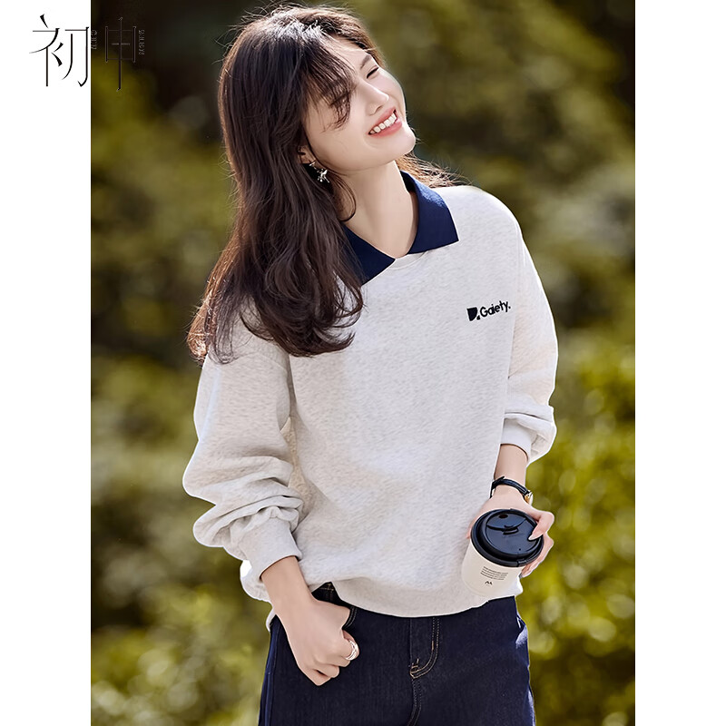 She Enjoy Fake Two-Piece Polo Collar Sweatshirt Women Color-Block Youthful Loose Casual Versatile Pullover T53W141