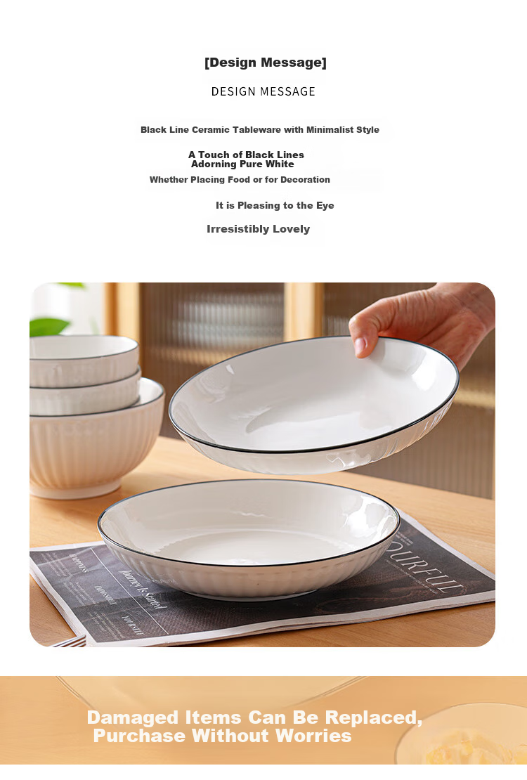 Hechuanwu 24-Piece Underglaze Color Ceramic Dinnerware Set with Vertical Black Lines - Bowls and Plates for Home Use, Housewarming Gift 1