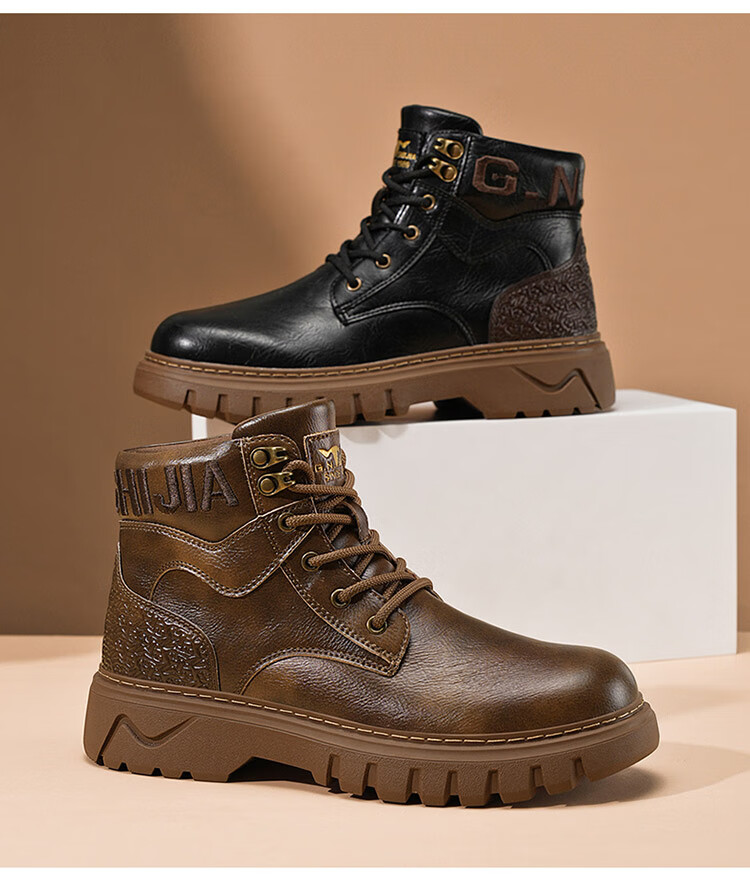 Bull Family Martin Boots Men 2026 Winter New Versatile Work Boots Men's Thick Sole High Top Leather Outdoor Hiking Shoes Men 5
