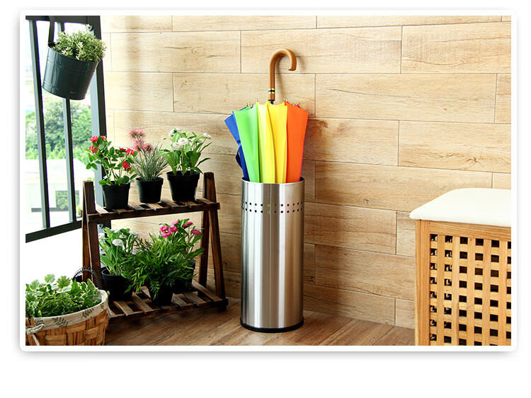 OurunZhe Stainless Steel Brushed Round Umbrella Storage Bucket Large Natural Color for Home and Hotel Long Handle Stand 5