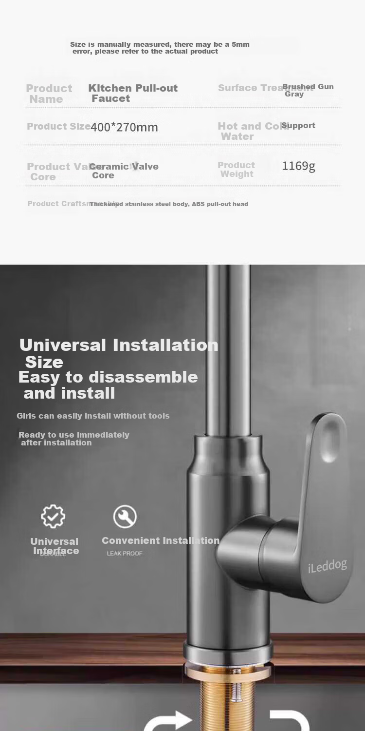 ILeddog [Germany] Kitchen Faucet, Thickened Stainless Steel, Pull-Out And Extendable, Sink Sprayer, Anti-Splash Hot And Cold Tap CPCL 9