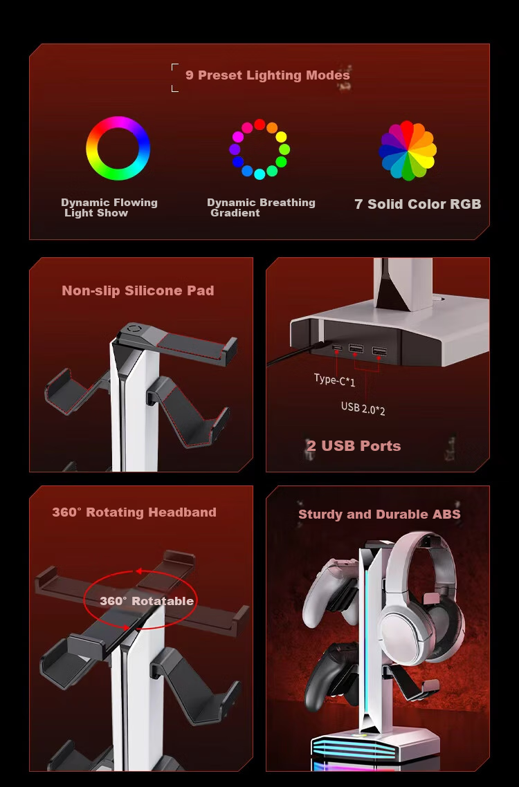 NVV Earphone Handle Stand Two-In RGB Lighting USB Expansion Compatible with PS5/XBOX/Switch Game Controller Storage Stand ROG Headphone Hanger MZ-8006 2
