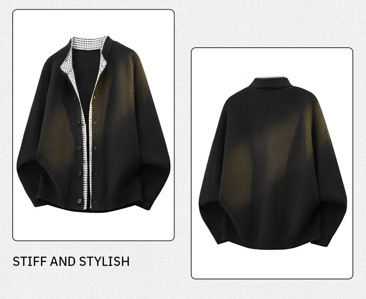 Homlean Heavyweight Faux Two-Piece Knit Cardigan Jacket Men Autumn Winter Retro Loose Lazy Style HS67 Black 2XL 3