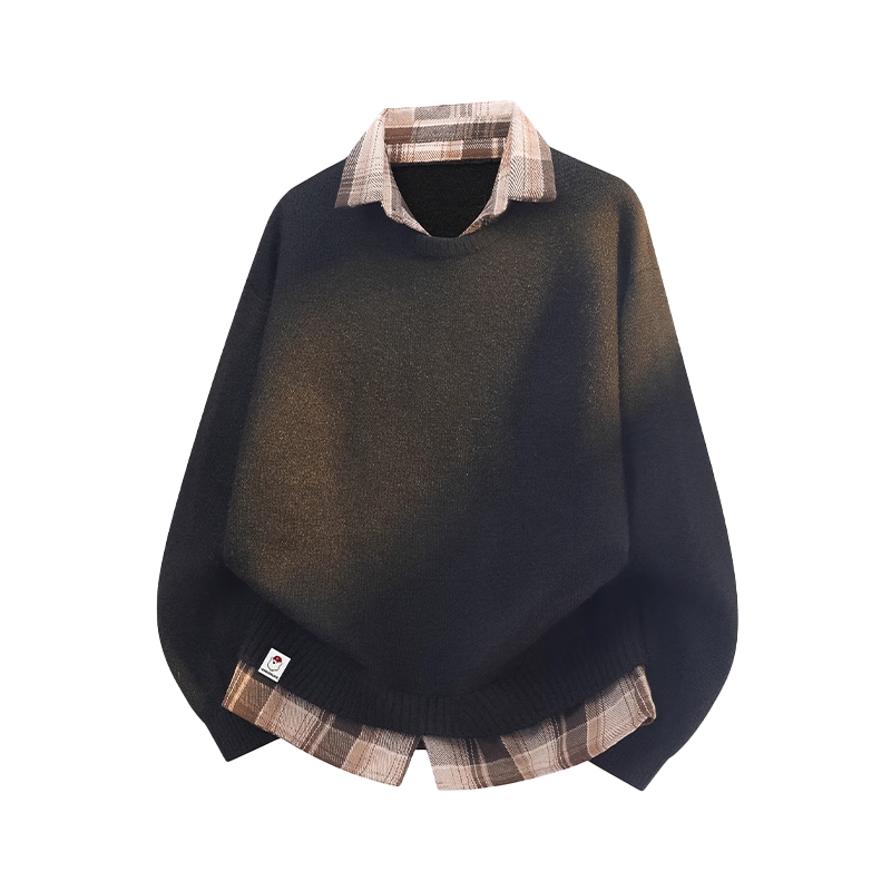 :CHOCOOLATE Men's Spring and Autumn New Fake Two-Piece Knit Sweater Jacket Loose Fit Long Sleeve Sweater Brown Camel 3XL
