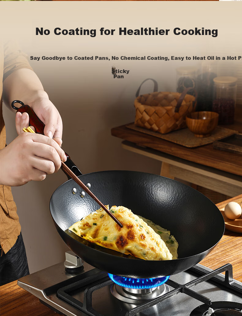 Jincun Iron Wok, Uncoated, for Home Cooking, Round Bottom, Non-Stick, Forged Pure Iron Pan, Suitable for Gas Stove, Preheated 5
