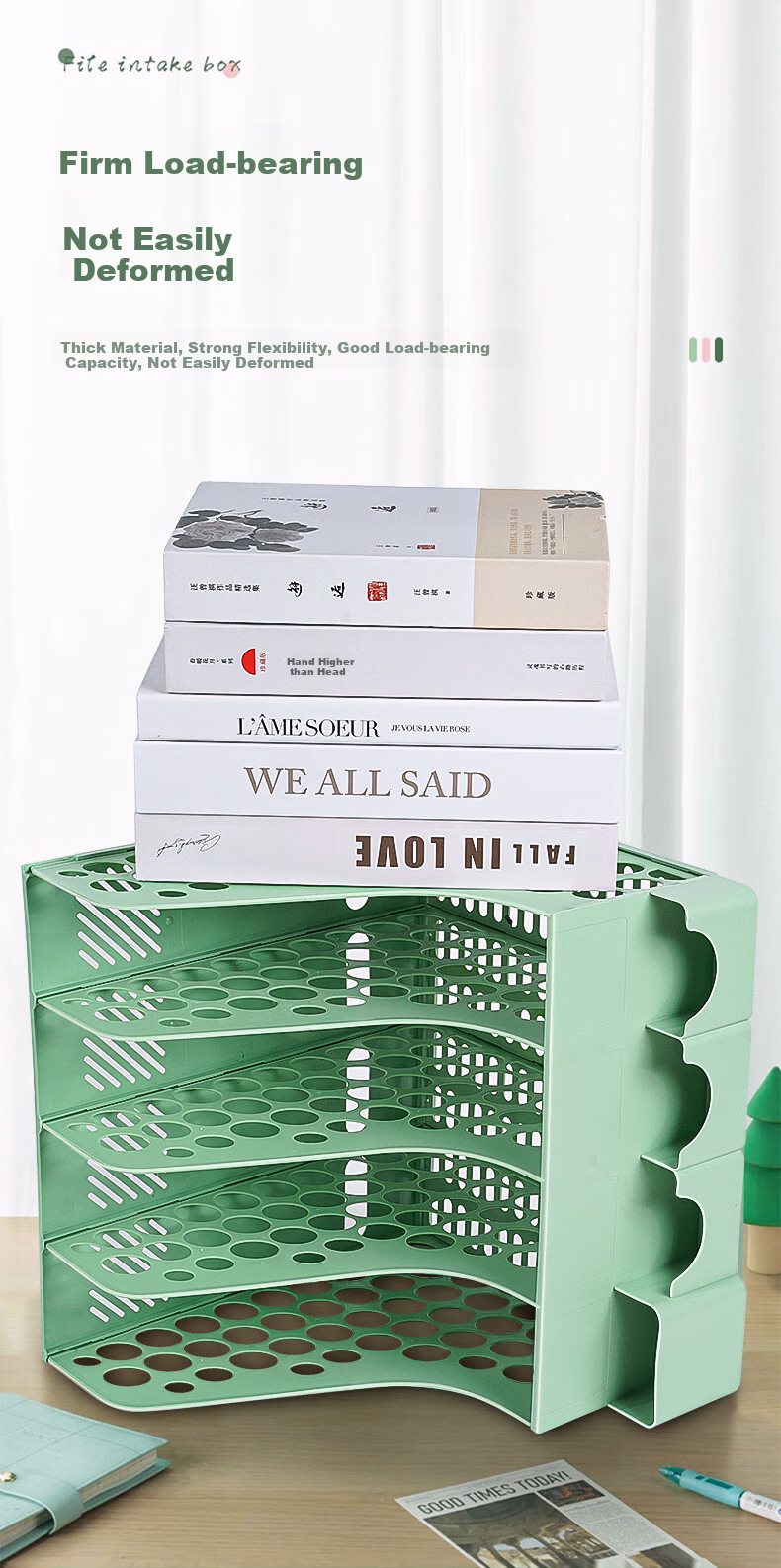 Licao Four-Unit File Organizer Desktop Storage Rack Bookend Desk Organizer File Holder Document Storage Folder Office Essential with Pen Holder Blue 6