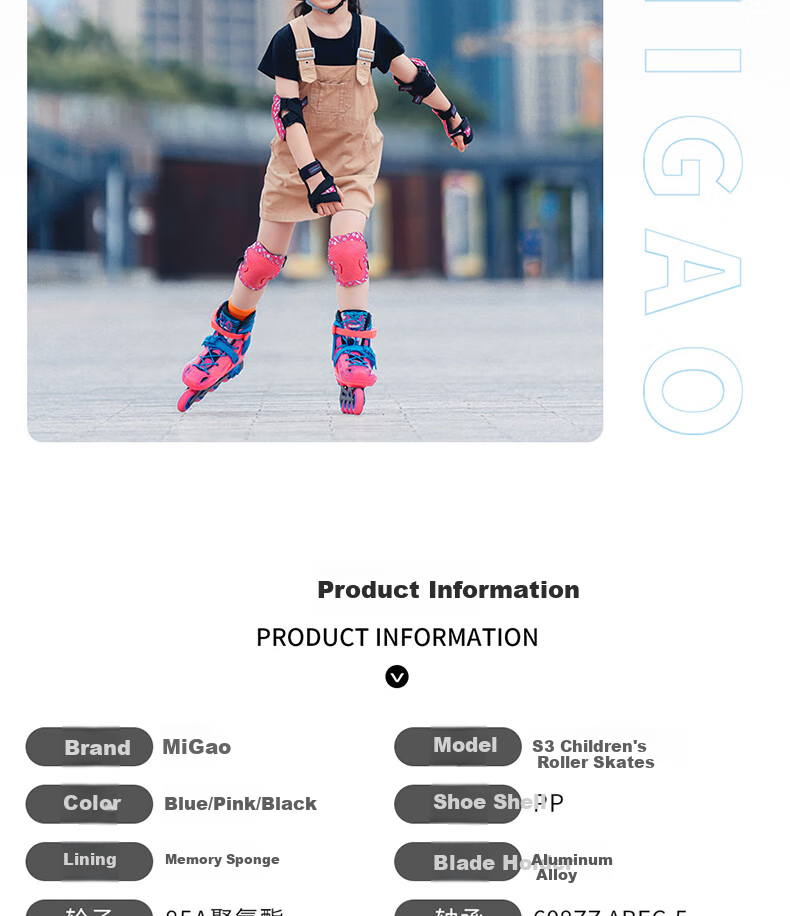 Migao Roller Skates for Children, Inline Skates for Girls, Beginner's Roller Skates for Primary And Secondary School Students, Inline Roller Skates, S3 Set in Pink, Size L 11