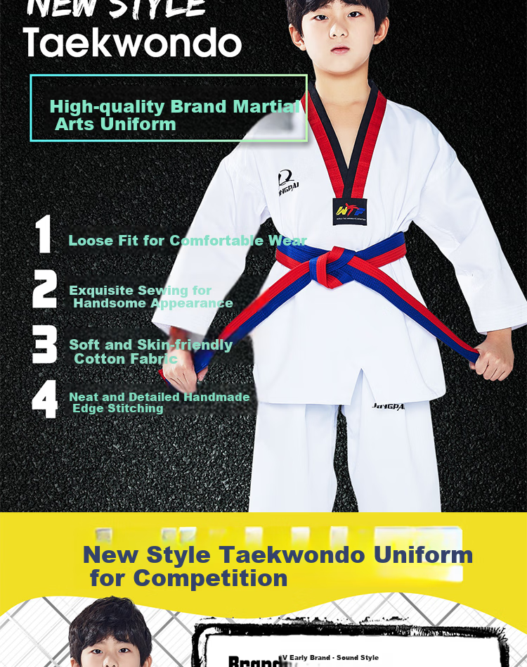 Jingpai Taekwondo Uniform, Pure Cotton Long-Sleeve Children's Taekwondo Suit, Adult Competition Uniform, All-Cotton Taekwondo Clothing, Training Outfit 5
