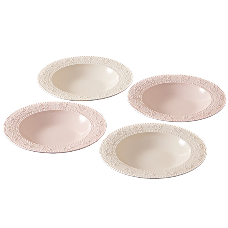 Haoya Jingdezhen Ceramic Tableware, Home Dinner Plates, Deep Plates with Embossed Design, Mixed Color Strawberry Pattern, 8-Inch Deep Plates, Set of 4