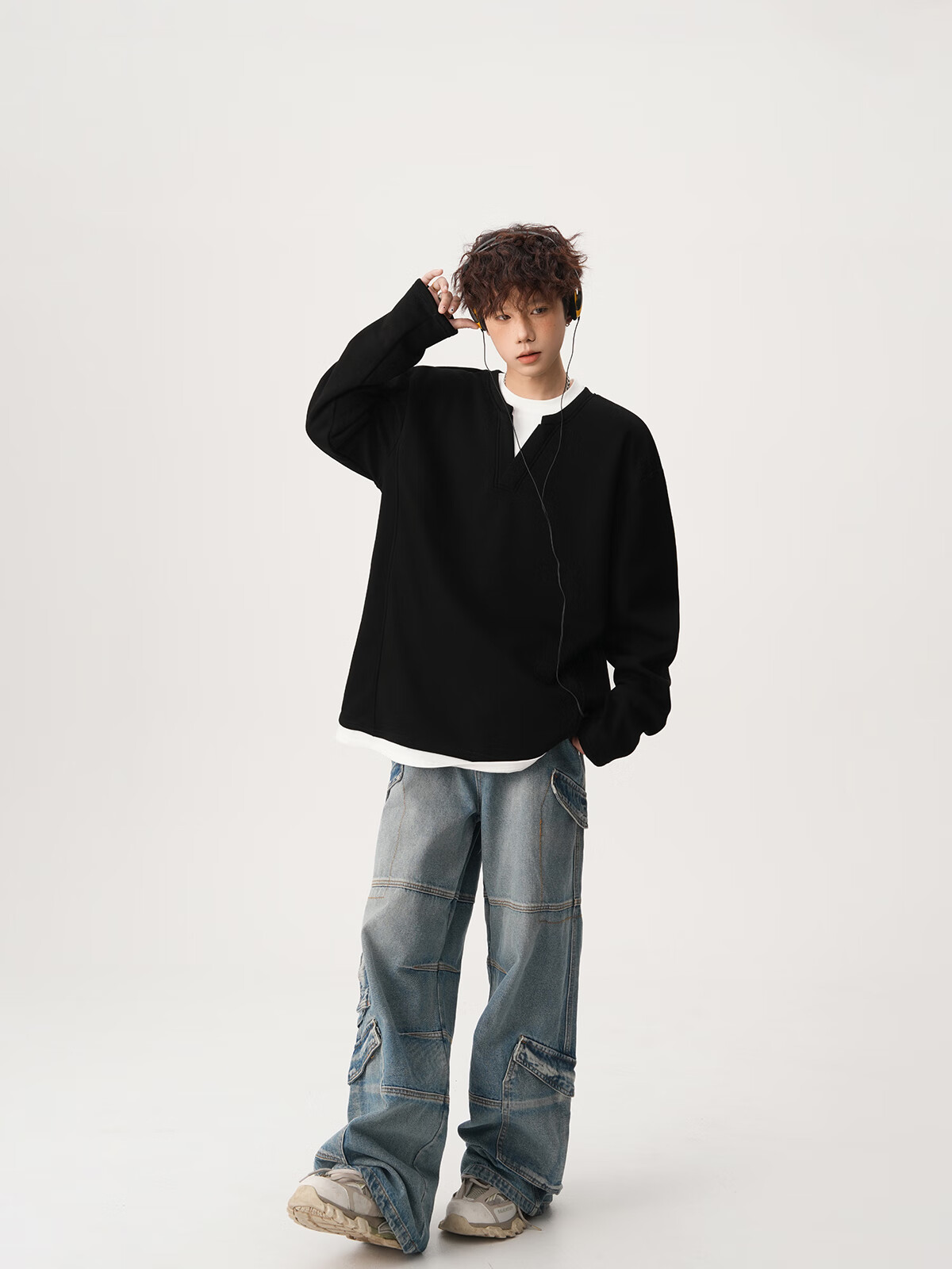 Foss Phil Men's Fake Two-Piece Long Sleeve Sweatshirt Autumn Winter Loose Fit Basic T-Shirt HT25764 Black 3XL 11