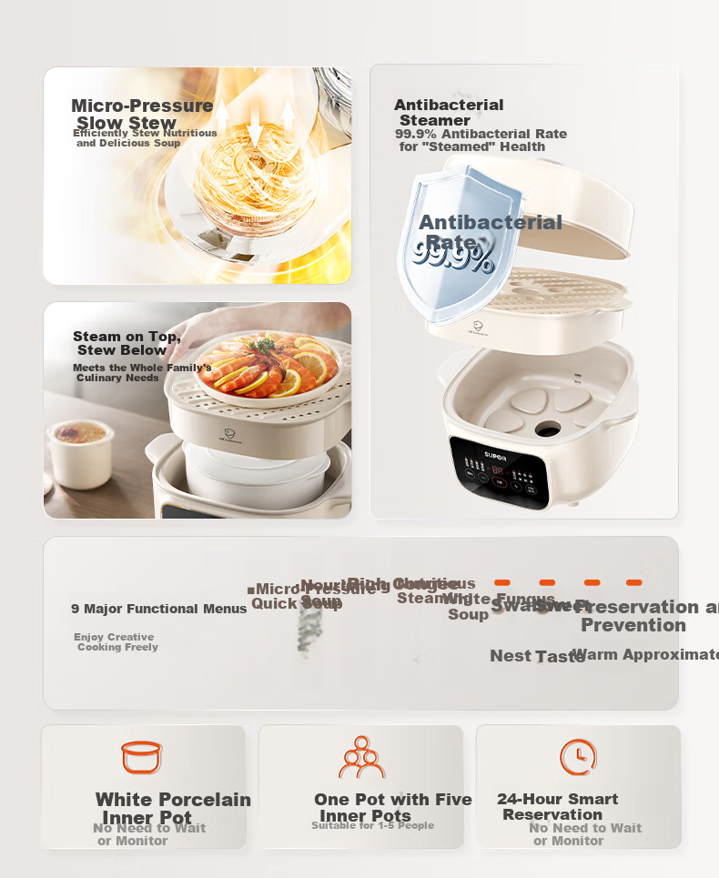 SUPOR Electric Stew Pot, Double Boiler Soup Pot, Bird's Nest Stew Pot, Baby Porridge Cooker, Electric Stew Pot 4.5L for Home Use, Steaming And Stewing, Micro-Pressure Electric Stew Pot DZ25YC891 1