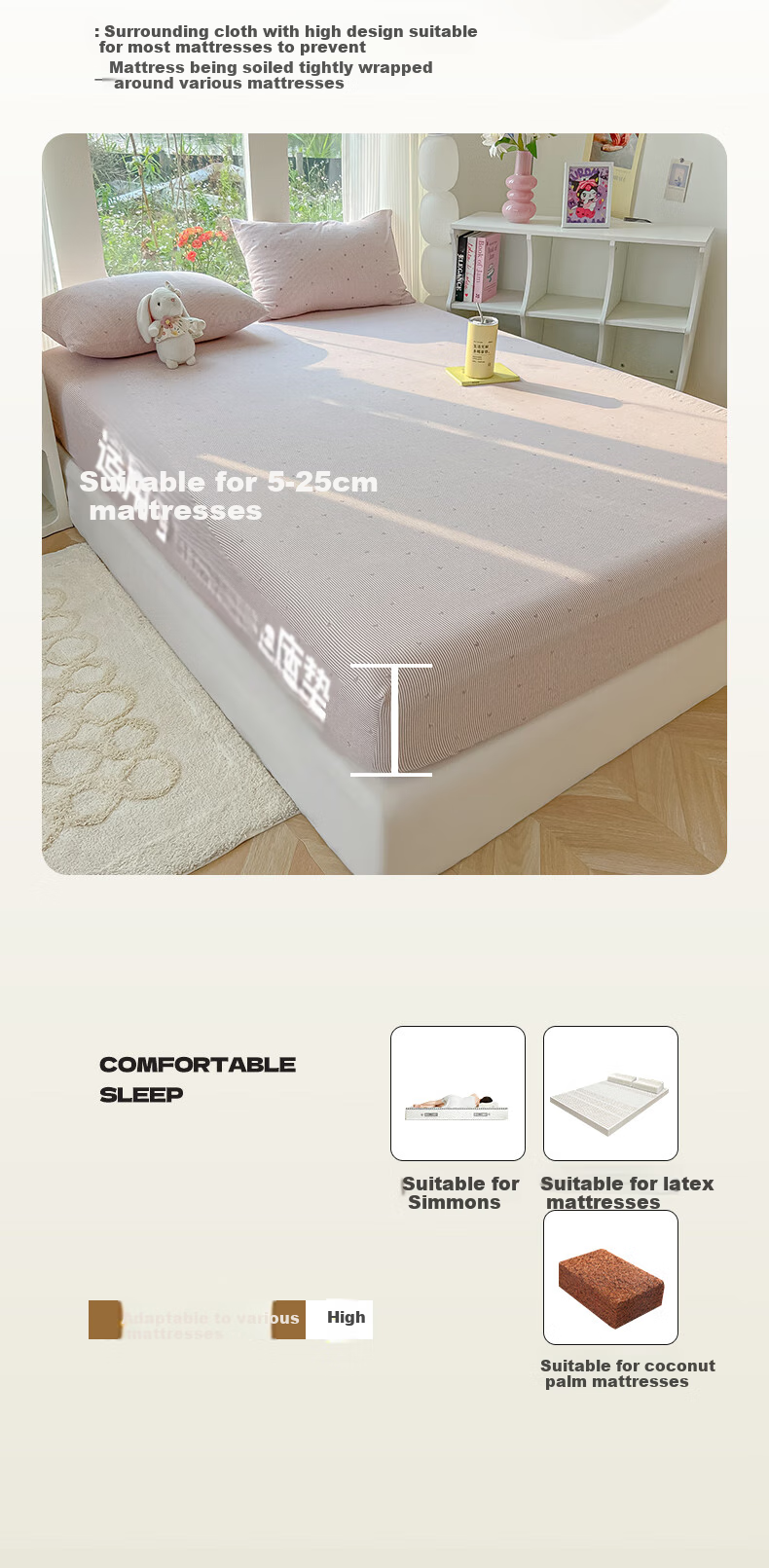Hodo Class A Double-Layer Fitted Sheet Three-Piece Set, Home Single Bed Cover Set, Full Coverage Bed Cover Protector, 1.8*2 Meters, Purple Qing 4