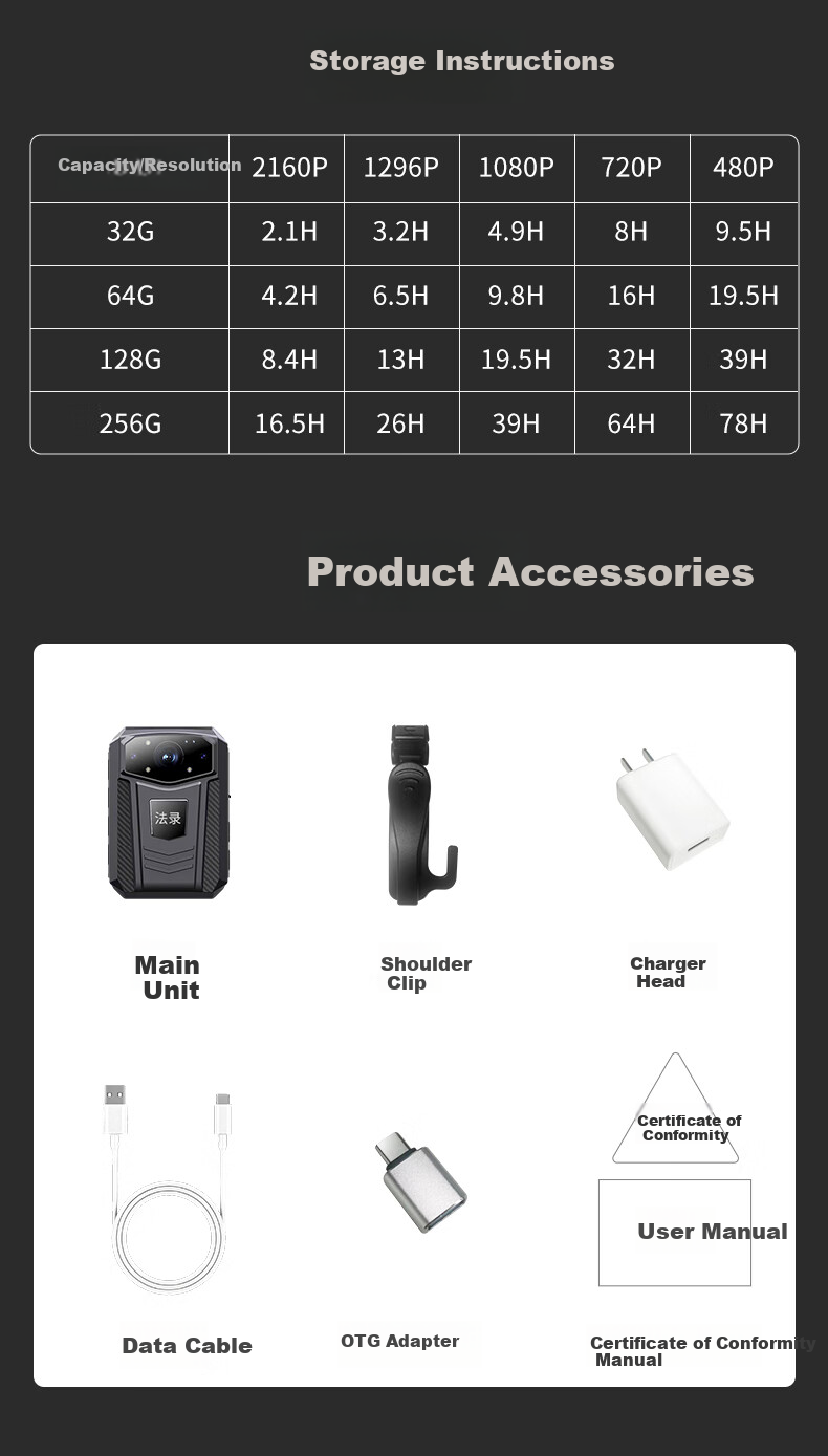 Falu Law Enforcement Body Camera, 4K High-Definition Night Vision, Chest-Mounted Work Recorder, Portable Recording Device DSJ-F6 14