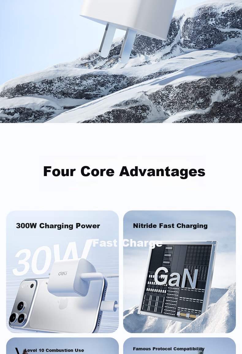 Deli PD30W GaN Fast Charging Type-C Adapter Compatible with 20W Apple Series IPhone 17, Huawei, Xiaomi, Android Phones, Tablets, Earphones USB-C Port 2