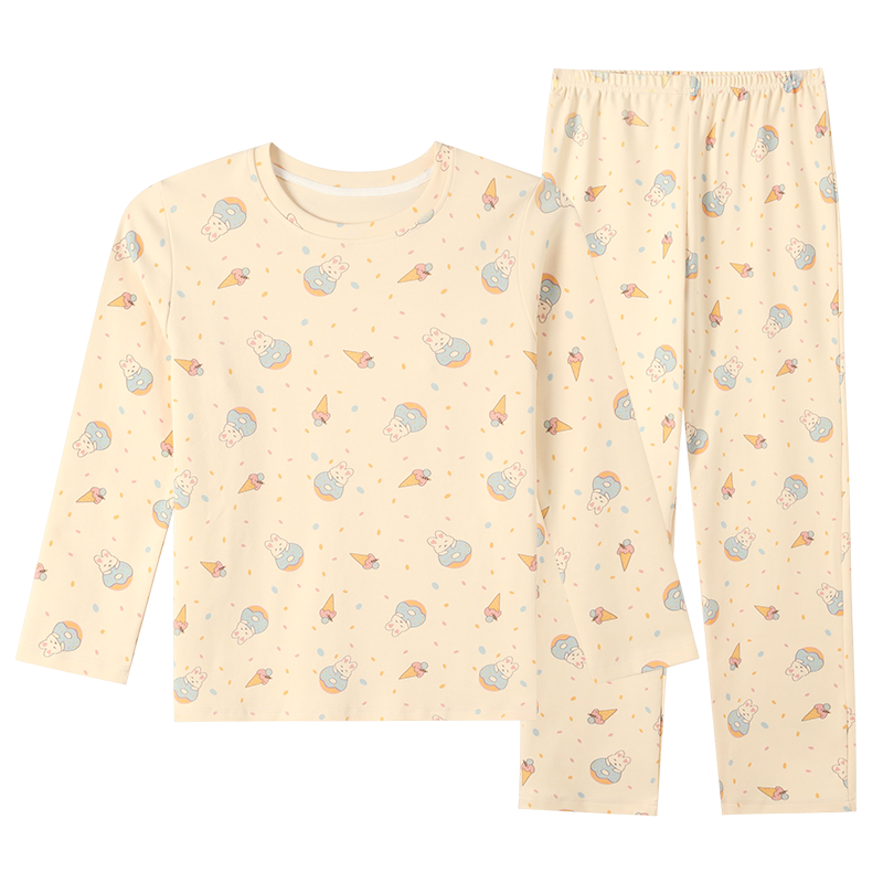 Bingxue Mian Children's Pajamas Girls Pure Cotton Crew Neck Spring Autumn Homewear Set Long Sleeve Long Pants Outerwear Two-Piece Set for Older Kids