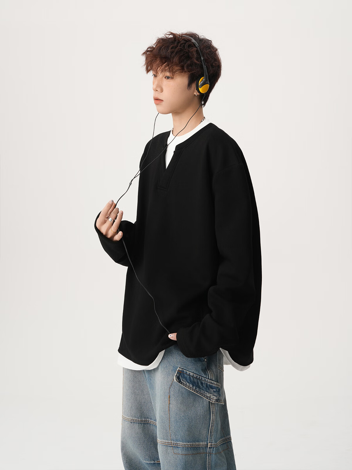 Foss Phil Men's Fake Two-Piece Long Sleeve Sweatshirt Autumn Winter Loose Fit Basic T-Shirt HT25764 Black 3XL 14