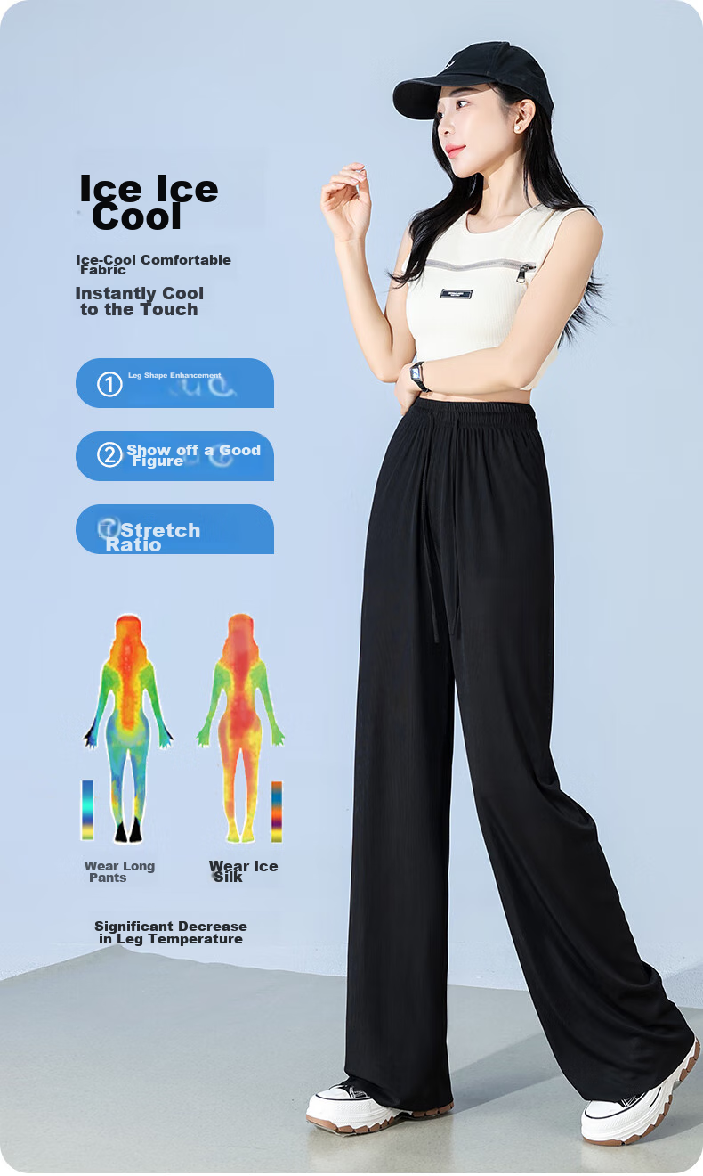 FitonTon Ice Silk Wide-Leg Pants for Women, Summer Lightweight High-Waist Draping Trousers, Loose Straight Casual Floor-Length Pants, Black, Size S 3