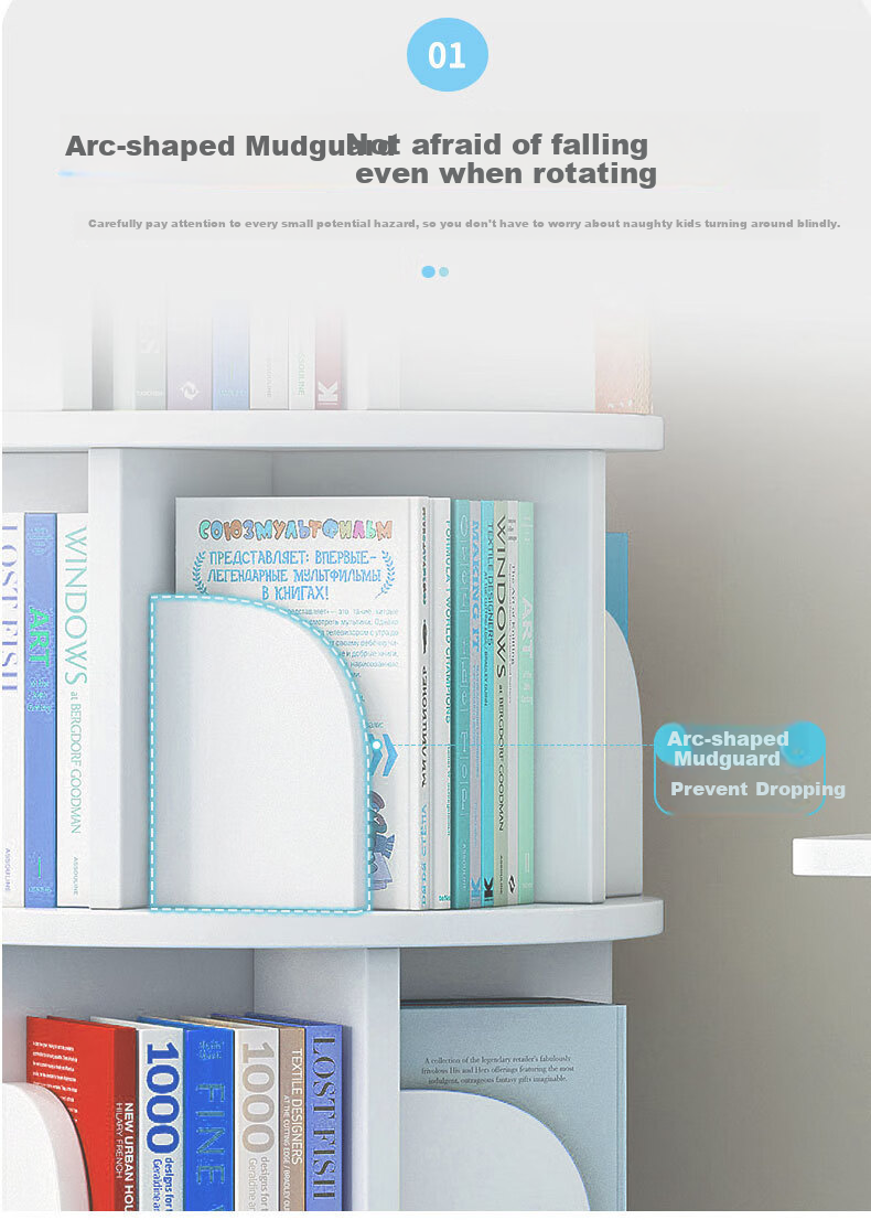 Yijia Rotating Bookshelf, 360-Degree Floor-Standing Student Creative Storage Bookcase, Multi-Layer Organizer Rack, White, Five-Tier 8