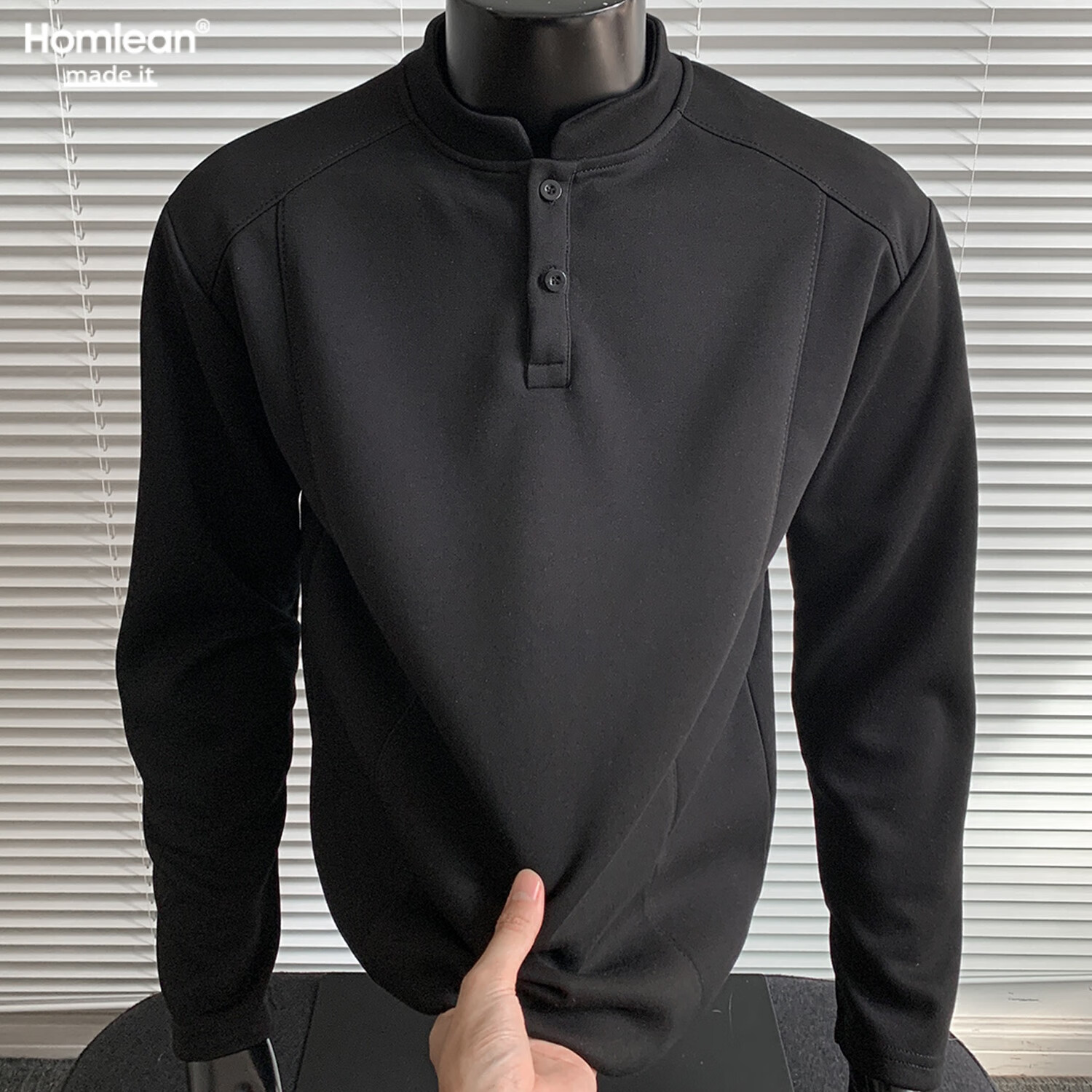 Homlean American Henry Collar Long Sleeve T-Shirt Men Autumn New Loose Fit Shoulder Casual Polo Shirt HB98 Black L
