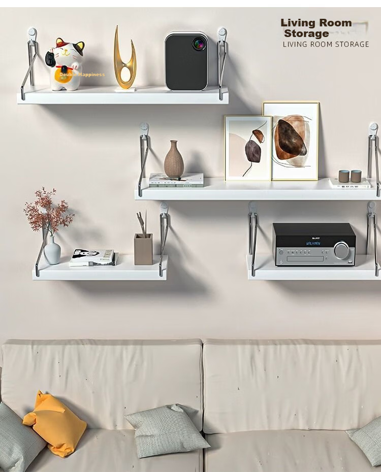 Ourunzhe Wall-Mounted Storage Rack, Single Bar Shelf, No Drilling Required, Wall-Mounted Set-Top Box Organizer, Natural Wood Color, 50cm Single Unit 14
