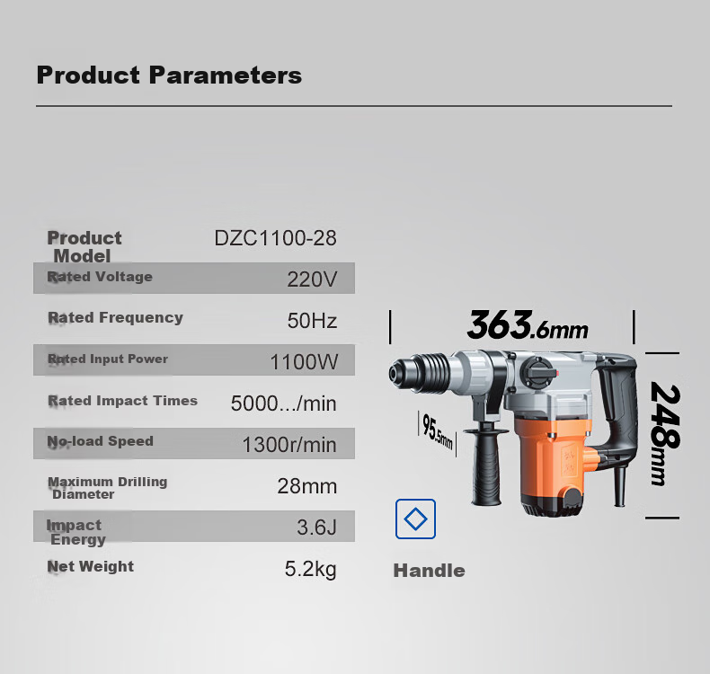 Dongcheng 1100W Rotary Hammer And Pick DZC1100-28 Impact Drill with Safety Clutch, Concrete Drill, Industrial Grade 14