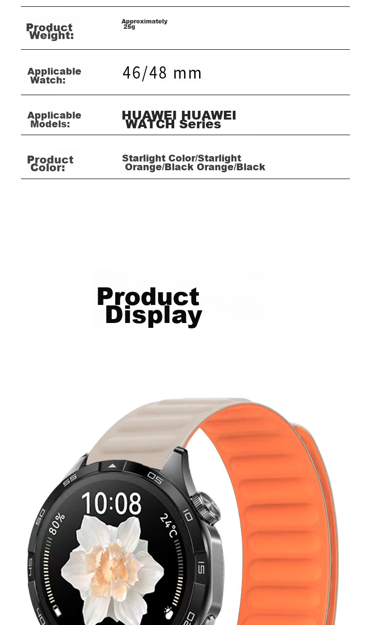 ESCASE Compatible Silicone Magnetic Watch Band for Huawei Watch GT5/4pro/GT3pro Comfortable Strap/gt2/new Unisex Wristband Universal 46/48mm Watch Face Black And Orange 13