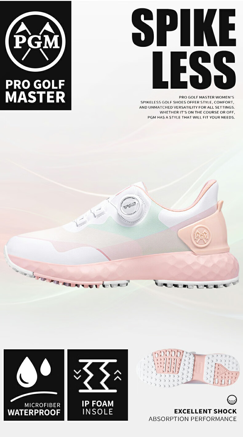 PGM Women's Waterproof Golf Shoes with Rotary Laces, Non-Slip Sneakers, Golf Cleats, White And Pink, Size 38 1
