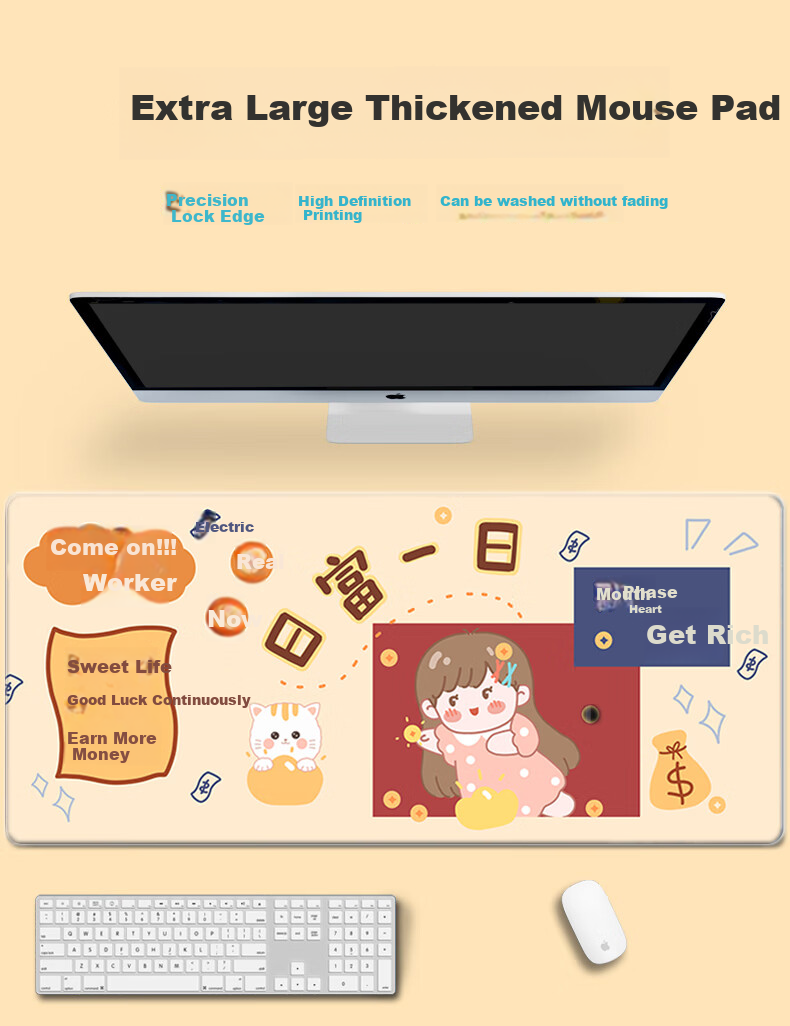 Juyingfeng Gaming And Office Keyboard Pad, Portable Desk Mat, Large Size, Chinese Style, Computer Desk Mat, Student Dormitory Precision Lock Edge Table Mat, 800*300*3mm, Everything Is Cute 1