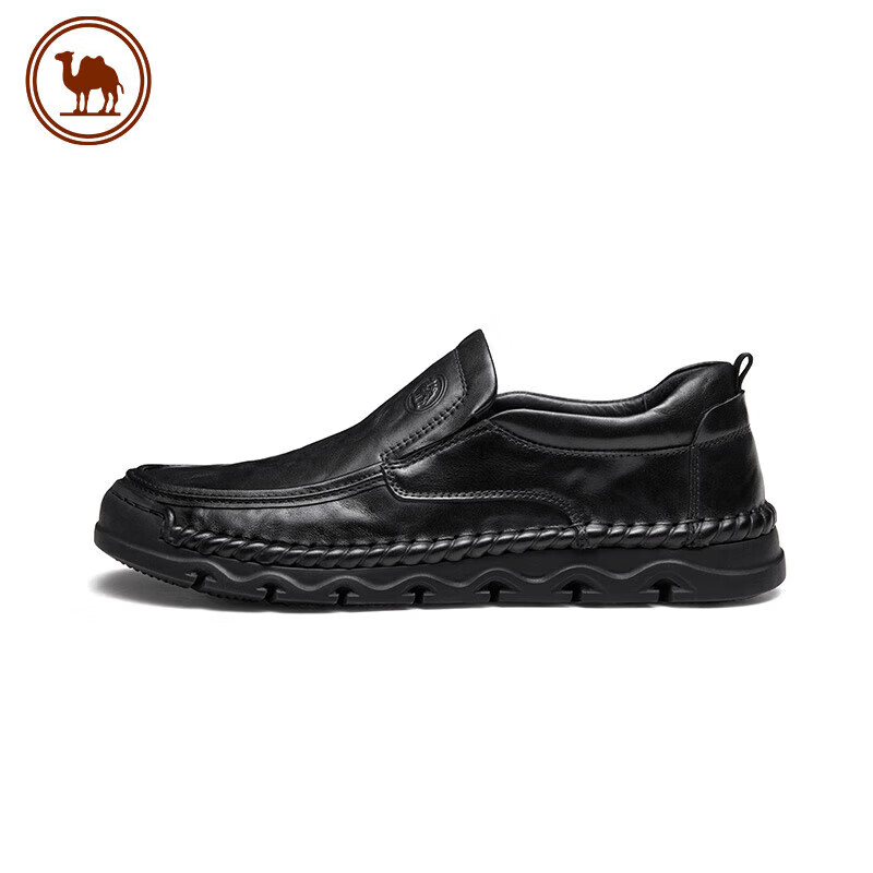 CAMEL Leather Shoes for Men, Casual Business Cowhide Soft-Soled Dad Shoes Slip-On Men's Shoes P15A297013 Black Size 43