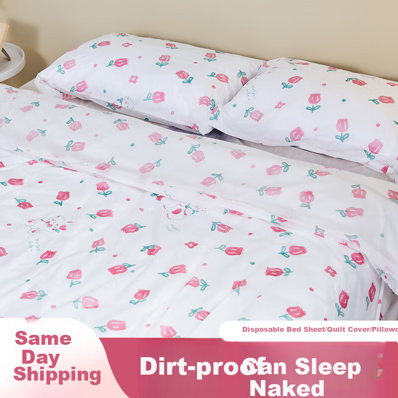 Koudailvxing Disposable Bedding Set, Includes Bed Sheet And Duvet Cover, for Travel And Hotel Use, Printed Four-Piece Bedding Set