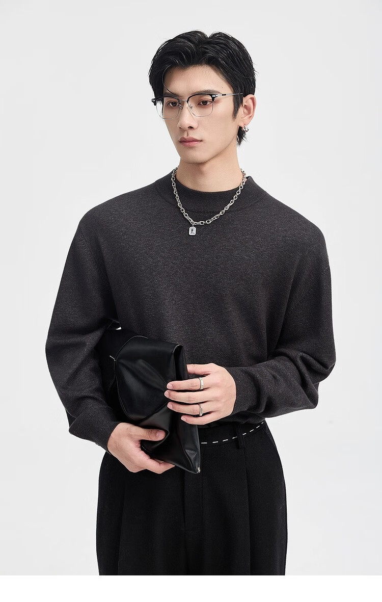Earl Zuoer [Lycra Tencel Wool] Early Winter 25 Crew Neck Pullover Knit Base Shirt Men's Solid Loose Sweater 37