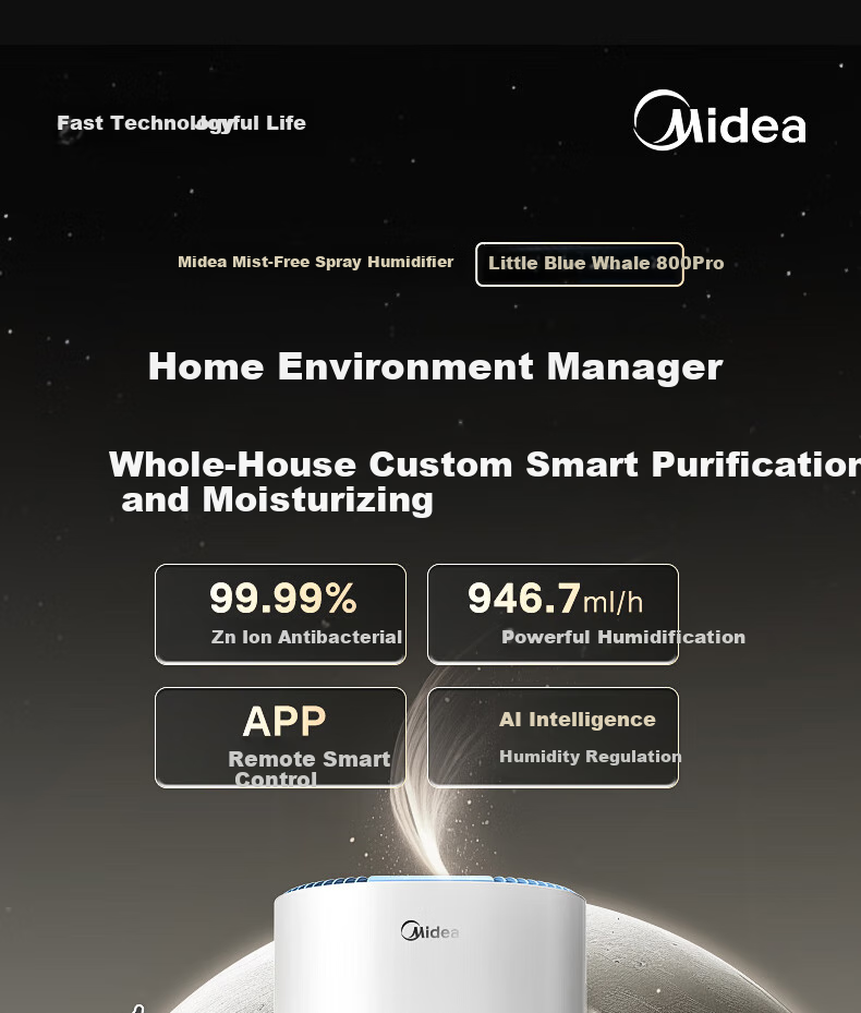 Midea [Xiaolanjing 700] Price Protection, 618 Non-Misting Air Humidifier, Purifies Home Bedroom, Large Capacity, Suitable for Pregnant Women And Infants, Nasal Allergy Relief, Quiet Operation, Sterilization, Birthday Gift, SZ-W50 1