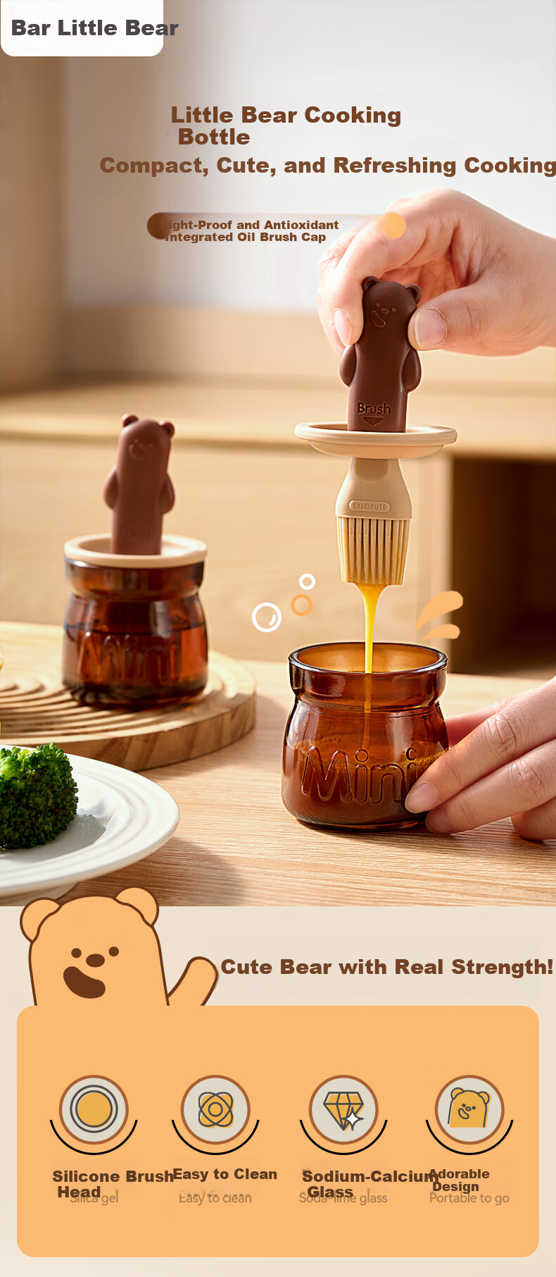 Bear Oil Brush Bottle, Silicone Oil Brush, All-In Bottle Brush, Pancake Brush, Oil Bottle, Seasoning Bottle, Outdoor Barbecue, 100mL 1